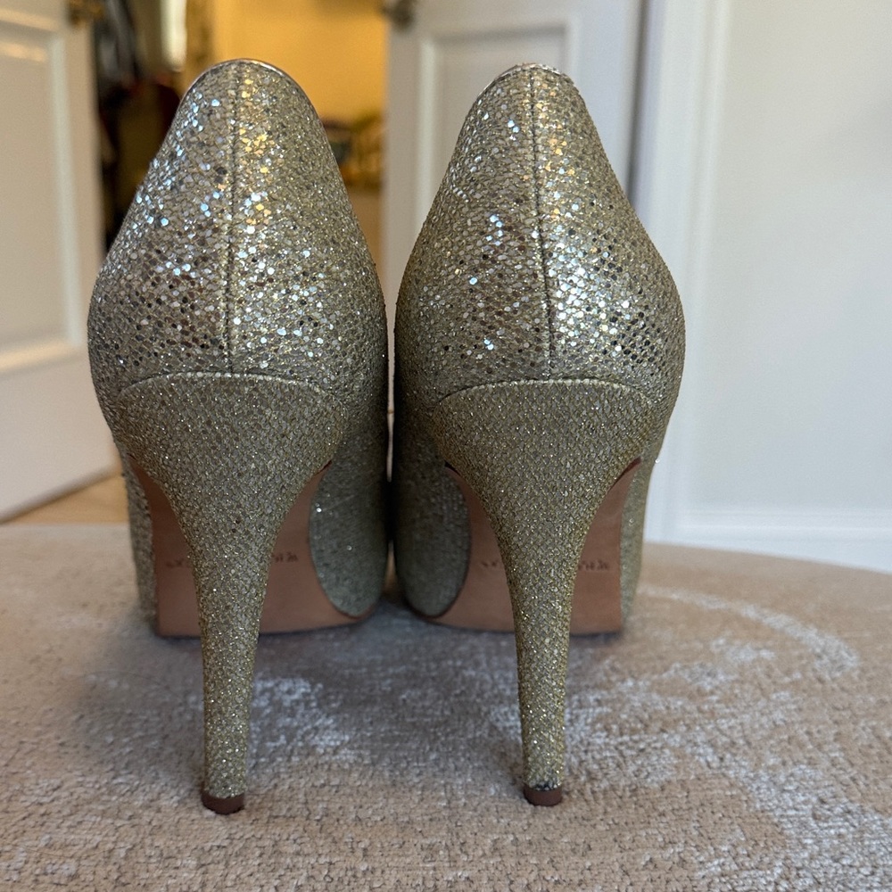 White House Black Market Sparkling Gold Peep-Toe Heels - Picture 3 of 4